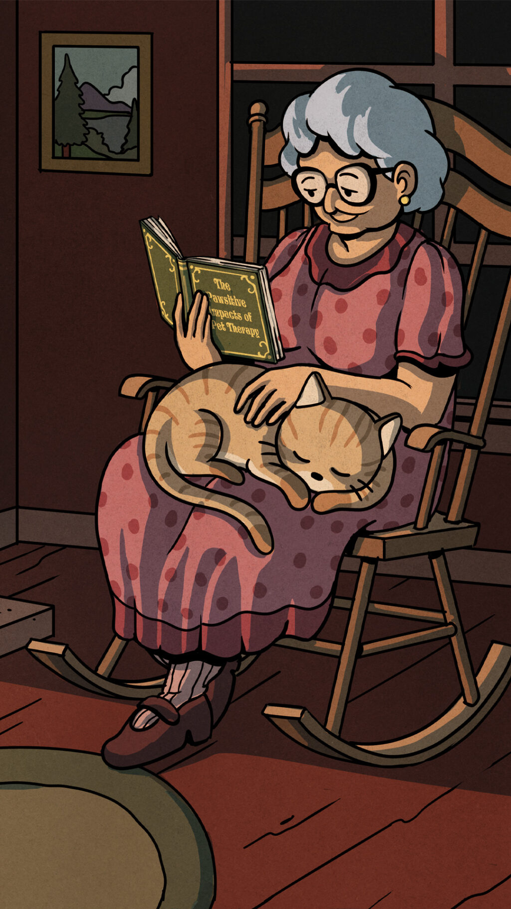 Cartoon of a woman in a rocking chair by a fire, reading a book. A cat is in her lap.